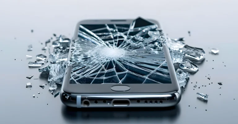 Zbita szybka w smartfonie leżącym na stole – potrzeba ubezpieczenia telefonu
